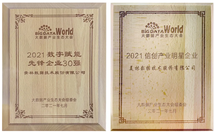 美林數據2021數字賦能先鋒企業30強、2021信創產業明星企業獎牌